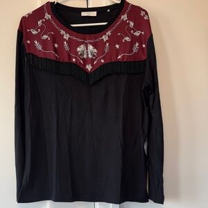 Sandro Black and Burgundy Embroidered Long Sleeve Top